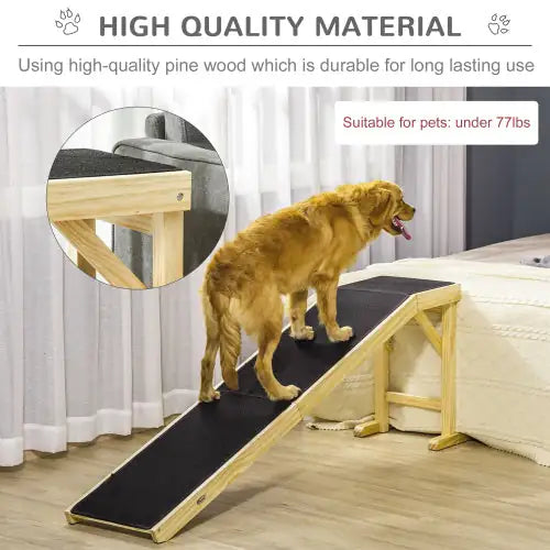 Non-slip dog ramp for bed made of high-quality pine wood, ideal for pets under 77 lbs