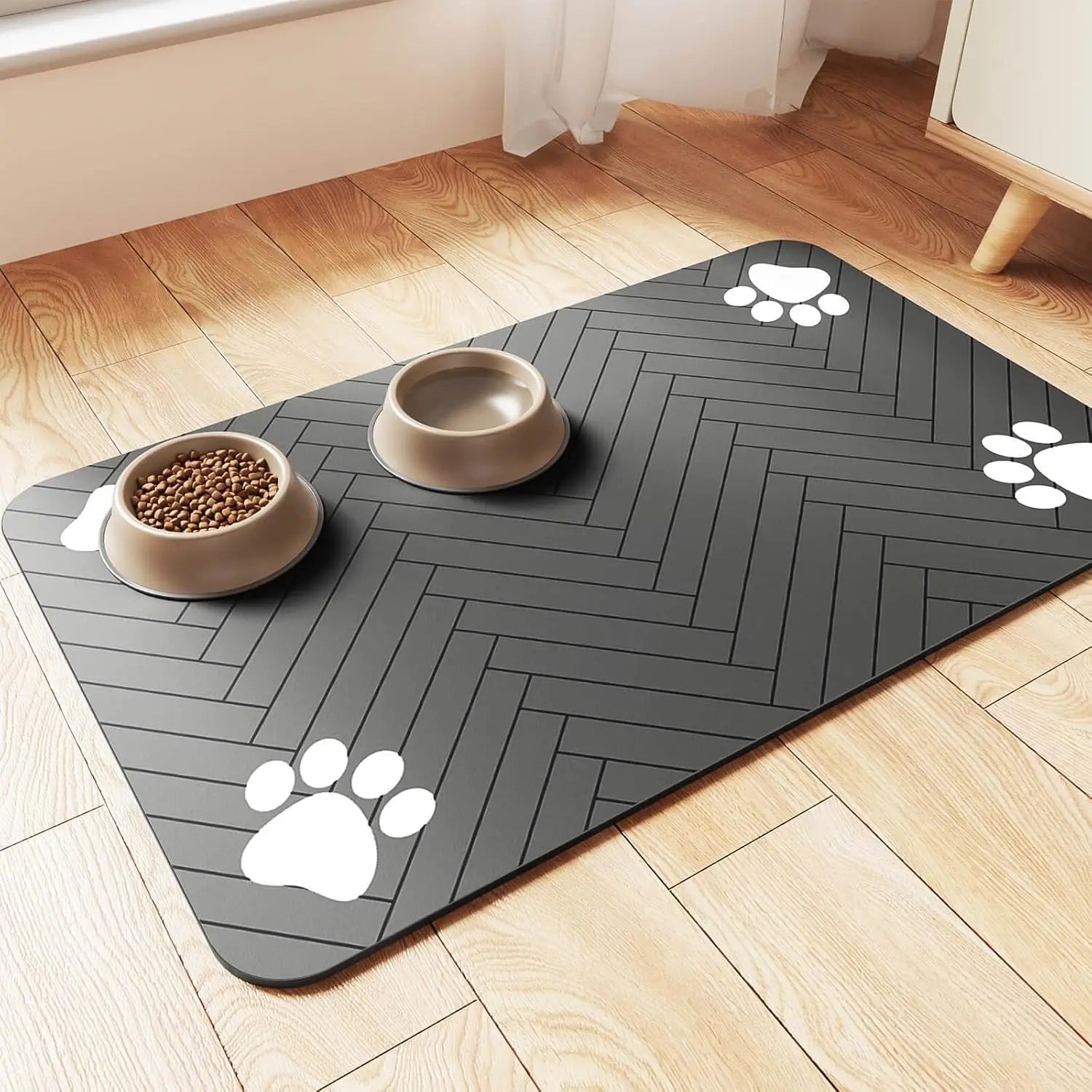 Non slip pet bowl mat for floors featuring a stylish design with paw prints and two bowls on top