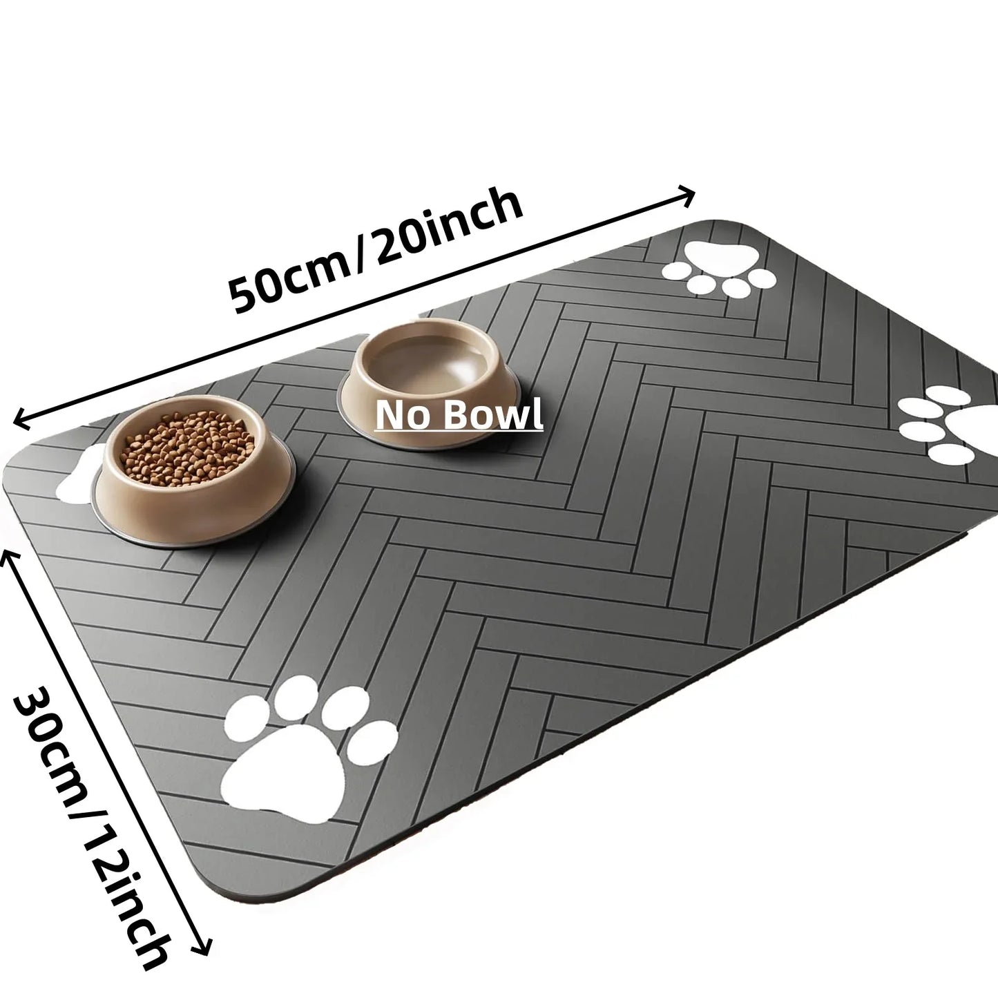Non slip pet bowl mat for floors with a stylish herringbone design and paw prints for easy feeding