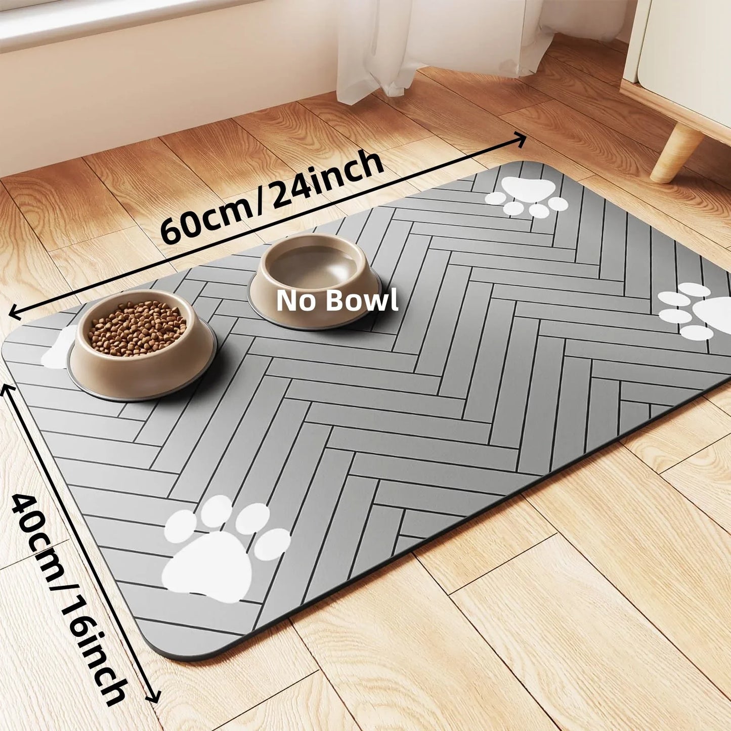 Large non slip pet bowl mat for floors with a stylish design and paw print accents