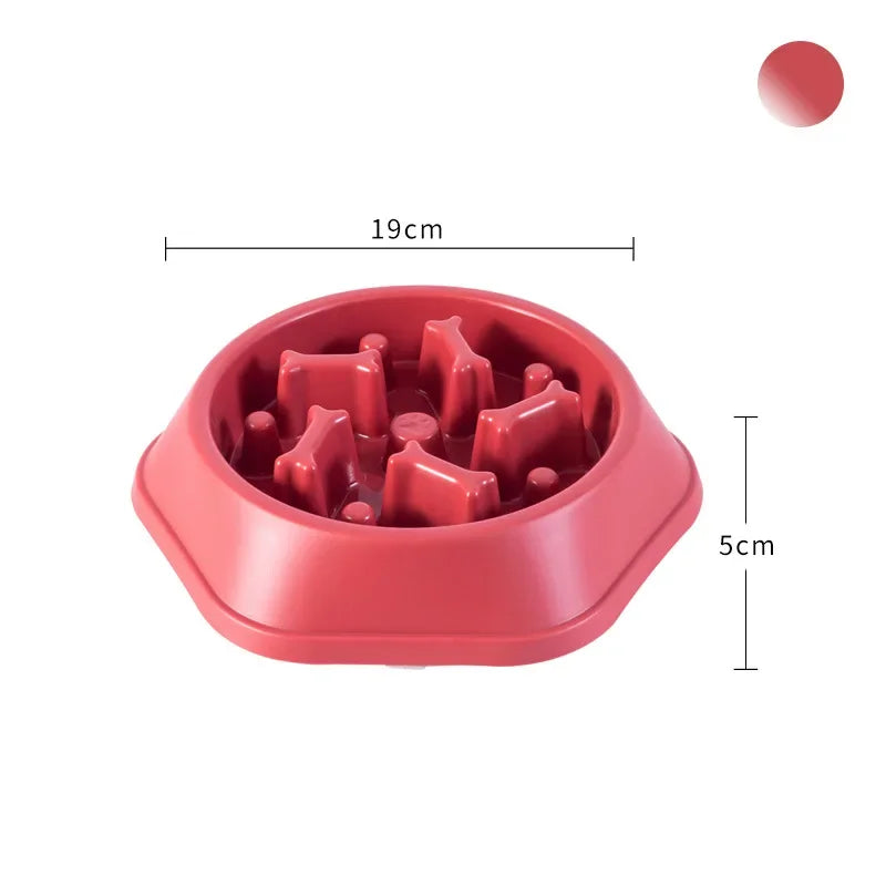 Red non slip slow feeder dish for dogs, 19cm wide and 5cm tall, designed for slow feeding and treat dispensing.