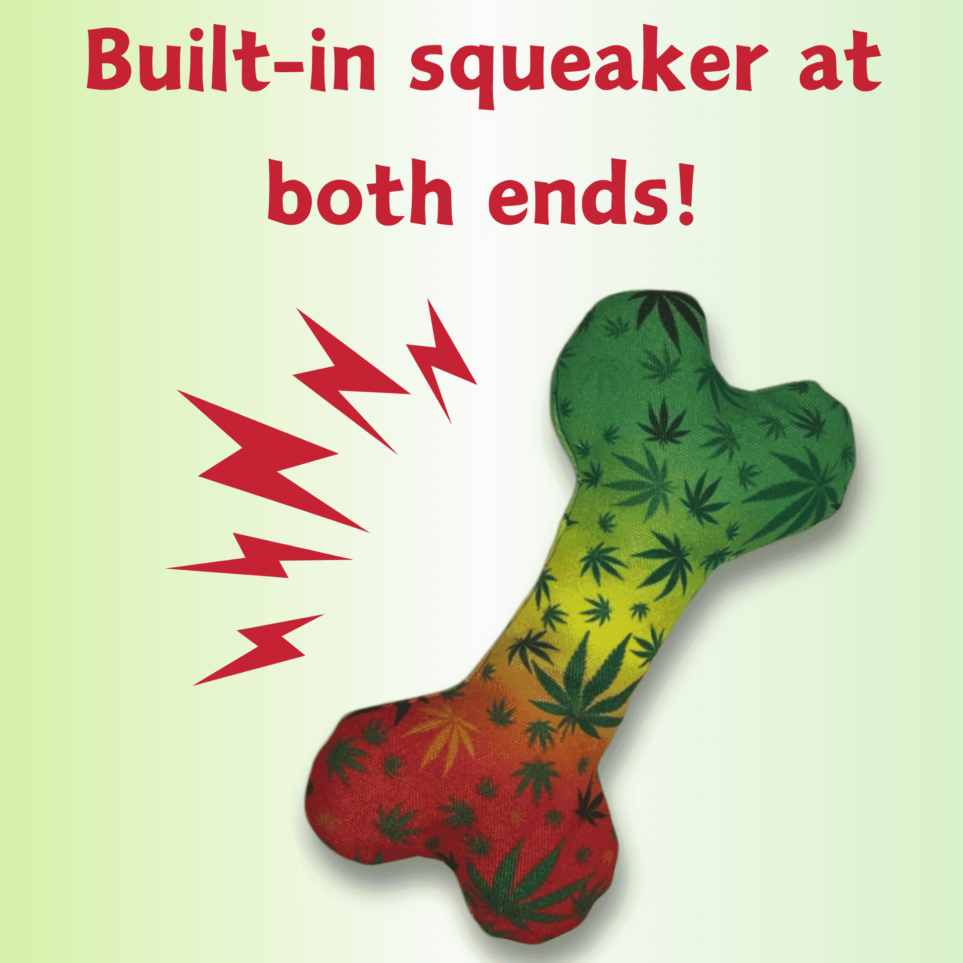Durable chew toy with built-in squeakers at both ends featuring a colorful pattern novelty dog photo prop