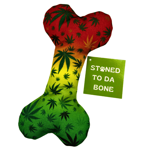 Purrfect Pet Kingdom durable chew toy bone with red yellow green cannabis leaf print novelty dog photo prop