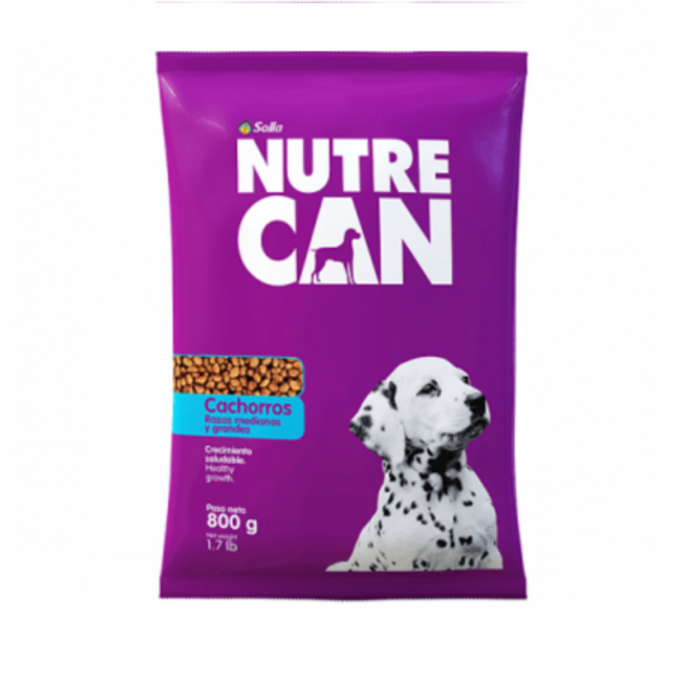 Nutre Can puppy dry food in a purple 800g bag featuring a Dalmatian and high-quality ingredients