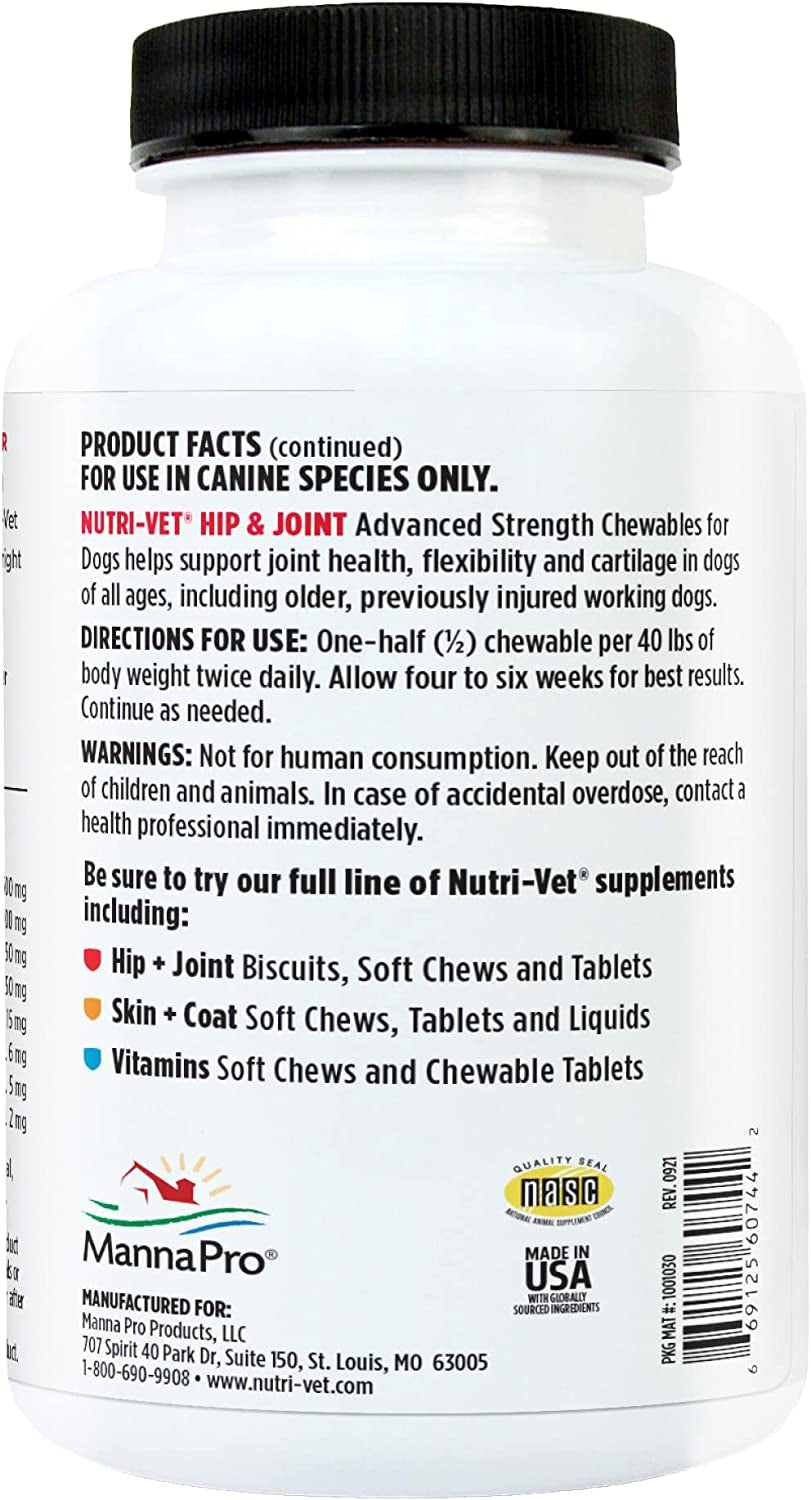 Nutri-Vet Hip & Joint Advanced Strength Chewables for dog arthritis relief supplement in a white bottle