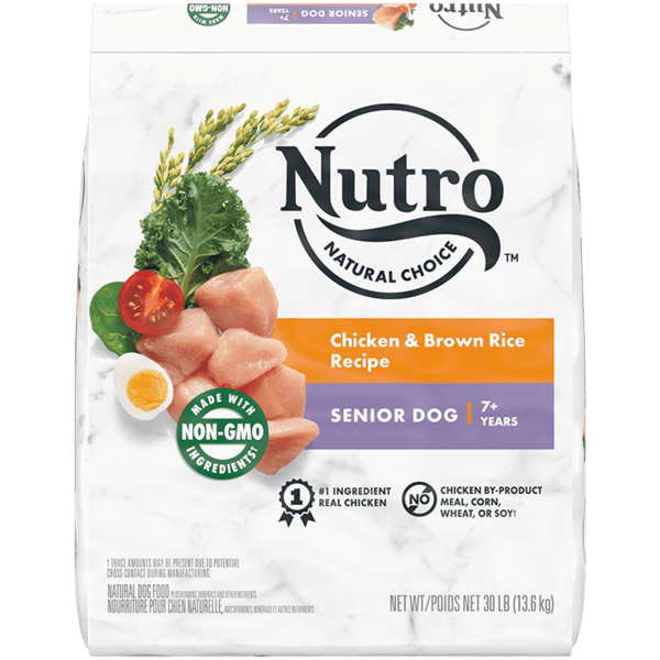 Nutro Natural Choice senior dog food with chicken and brown rice recipe, ideal for dogs 7 years and older