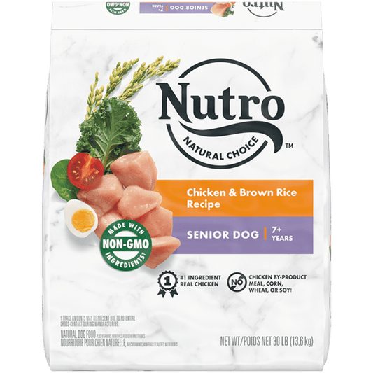 Nutro Natural Choice senior dog food with chicken and brown rice recipe, ideal for dogs 7 years and older