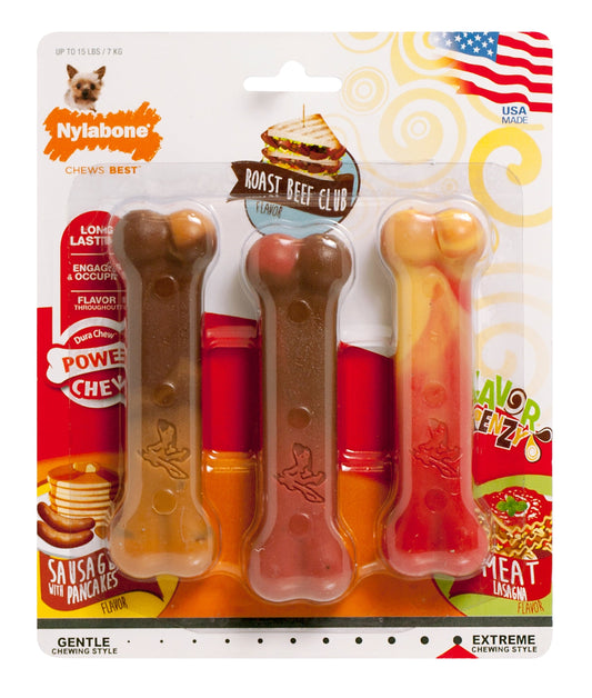 Nylabone Flavor Frenzy variety pack with roast beef club, sausage with pancakes, and meat lasagna flavors for dogs