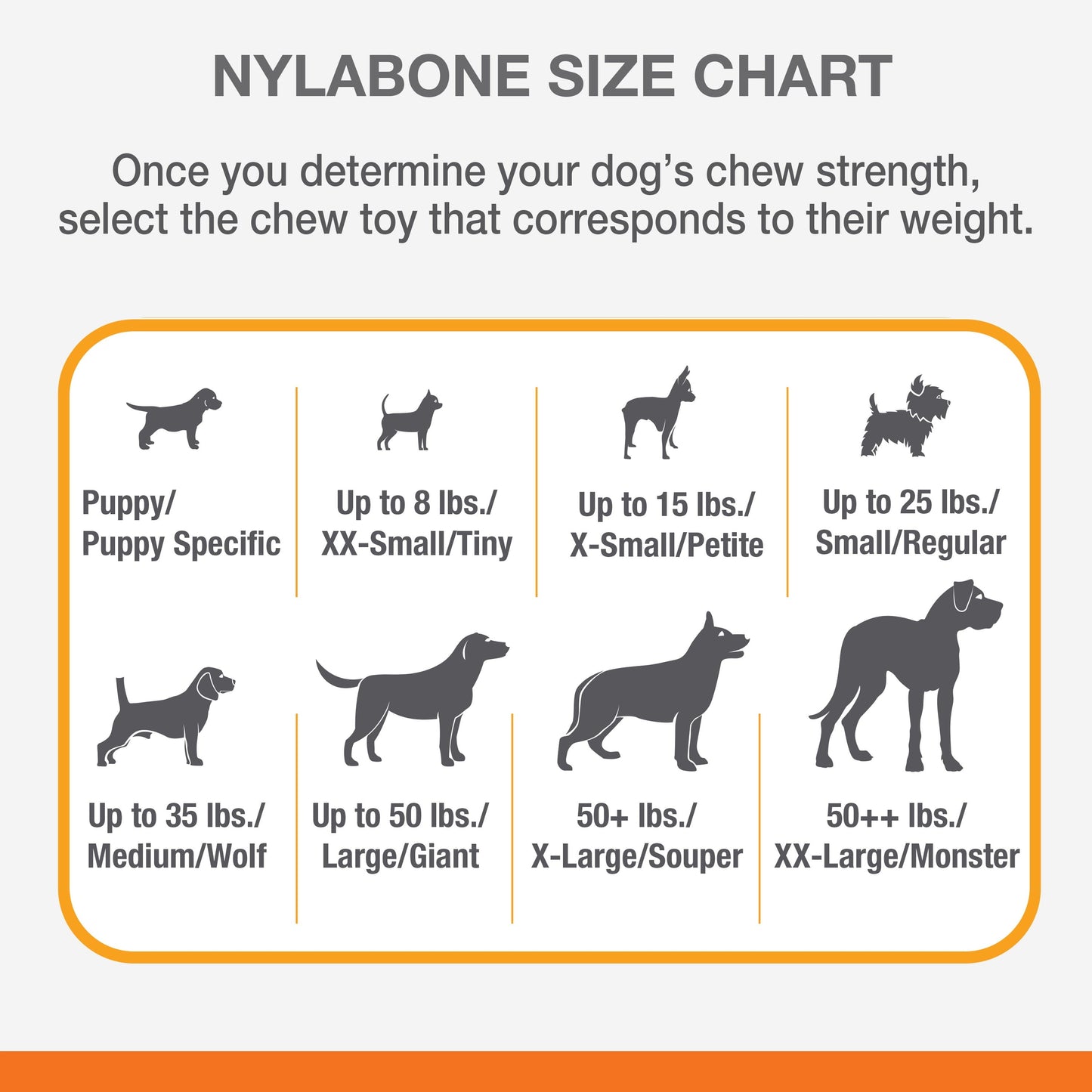 Nylabone Flavor Frenzy variety pack size chart for dog chew toys by Purrfect Pet Kingdom