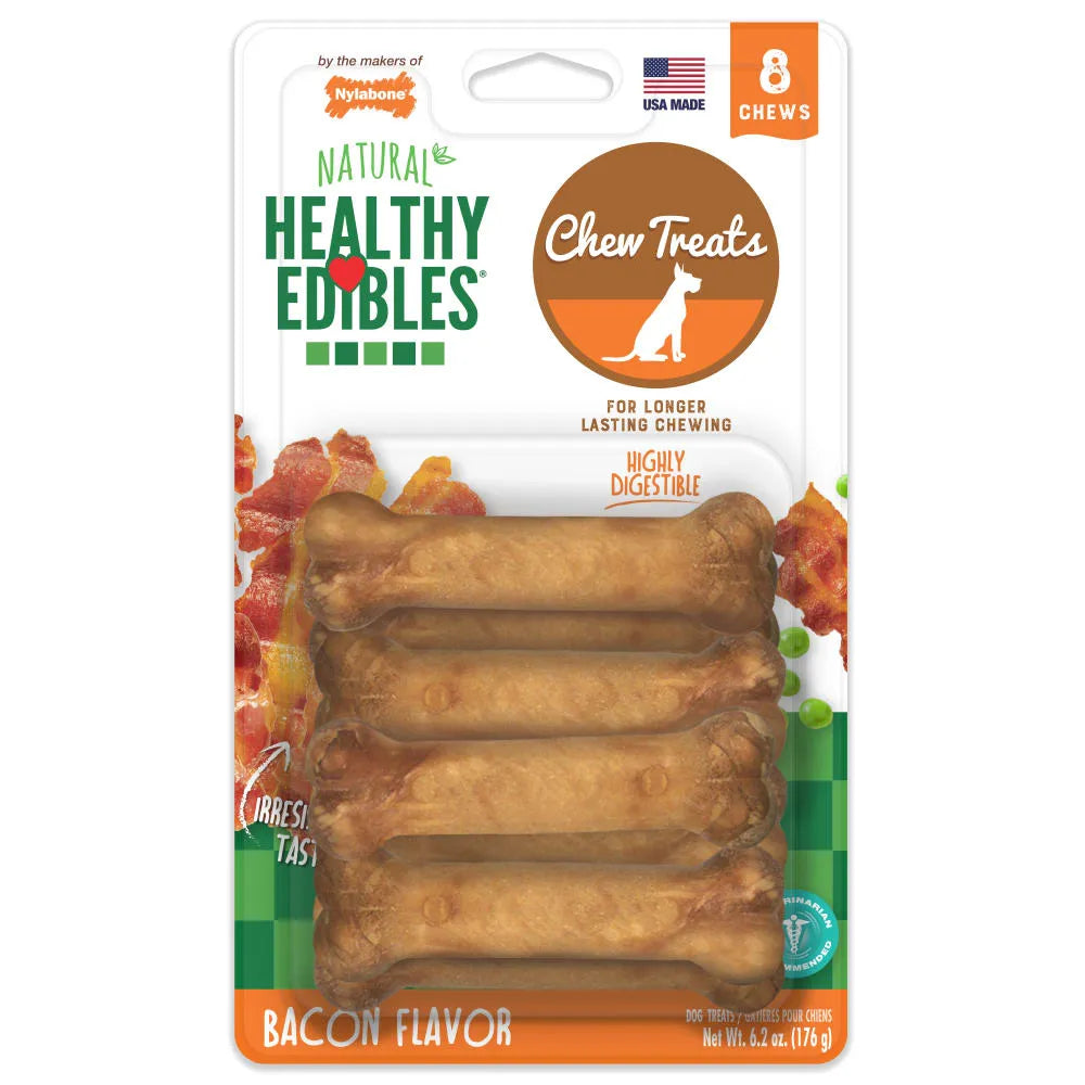 Nylabone Healthy Edibles Bacon Bone Chew Treats by The Family Pet, 6.2oz, featuring a delicious bacon flavor for dogs.