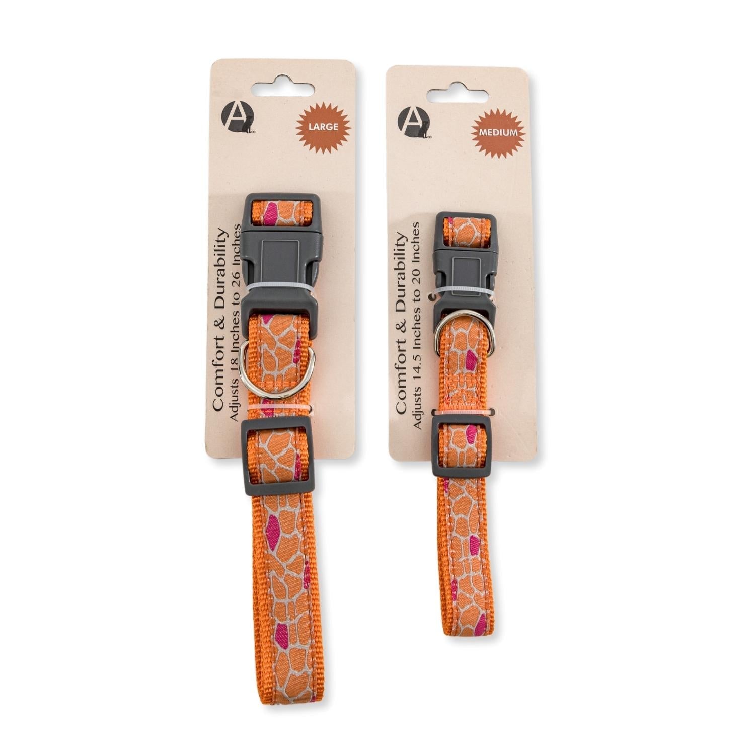 Nylon embroidered dog collar in orange with adjustable length for comfort and durability