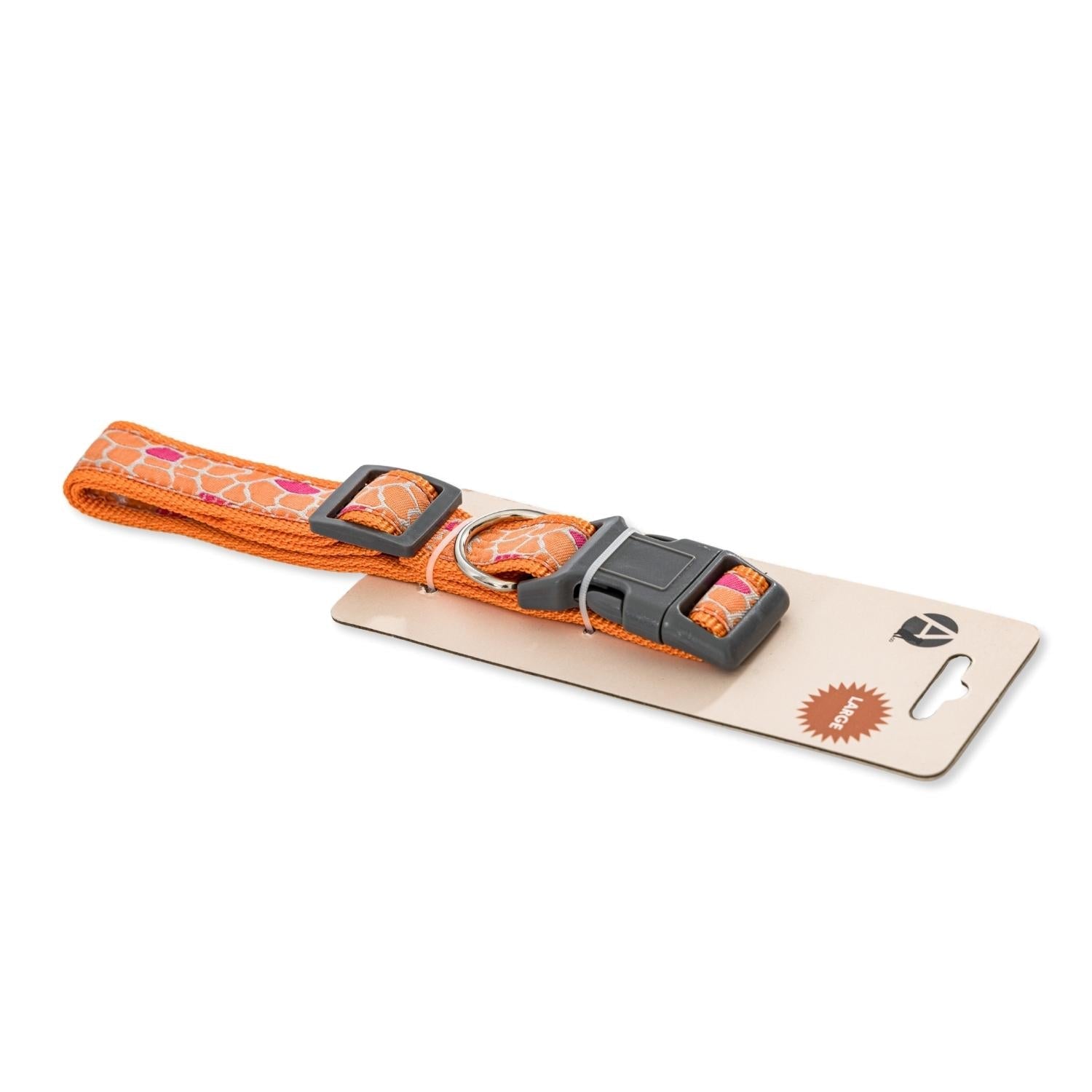 Nylon embroidered dog collar in vibrant orange with adjustable buckle and sturdy D-ring for leash attachment