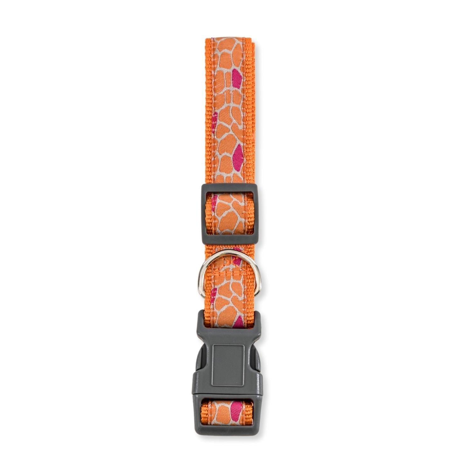 Bright orange nylon embroidered dog collar with a stylish pattern and durable buckle for pet safety