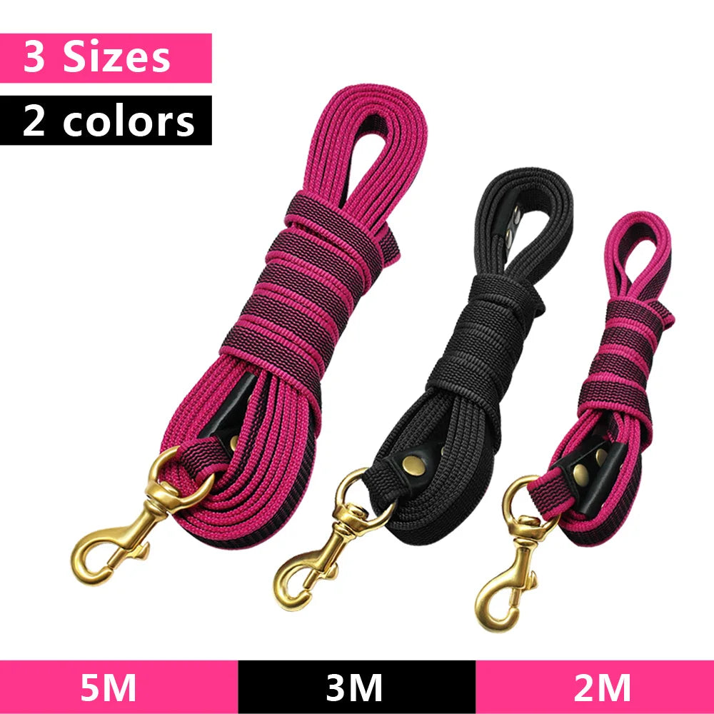 Nylon training leash for large dogs available in pink and black, offered in three lengths for versatility
