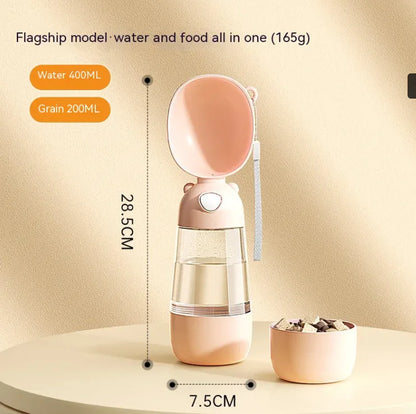 Mimarta pink 2-in-1 dog travel bottle: 400ml water and 200ml food storage with built-in bowl and wrist strap.