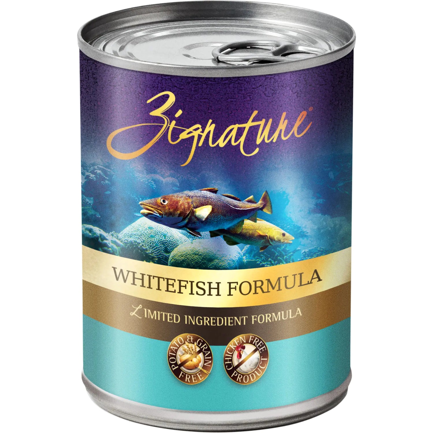Can of Zignature Whitefish Formula pet food on a white background