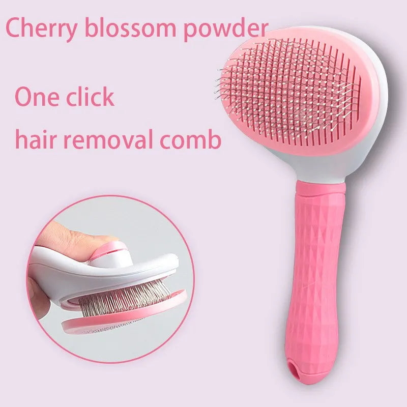 One-click pet hair removal tool in pink featuring a cherry blossom powder design for quick grooming