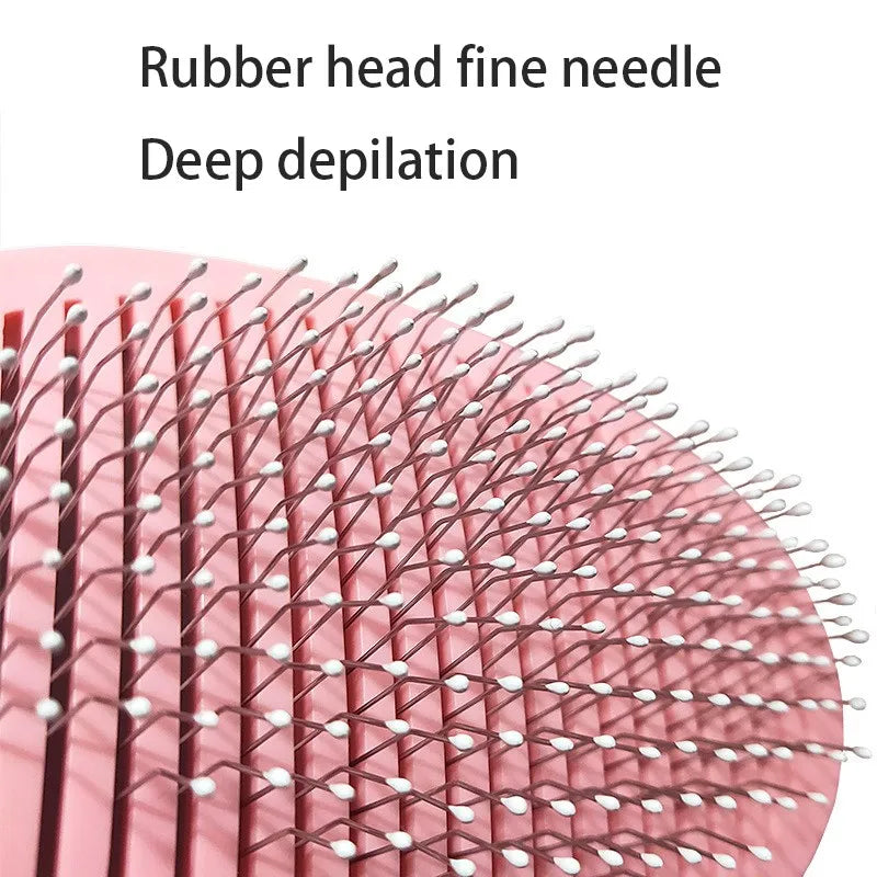 Close-up of rubber head fine needle deshedder, a one-click pet hair removal tool for efficient grooming.