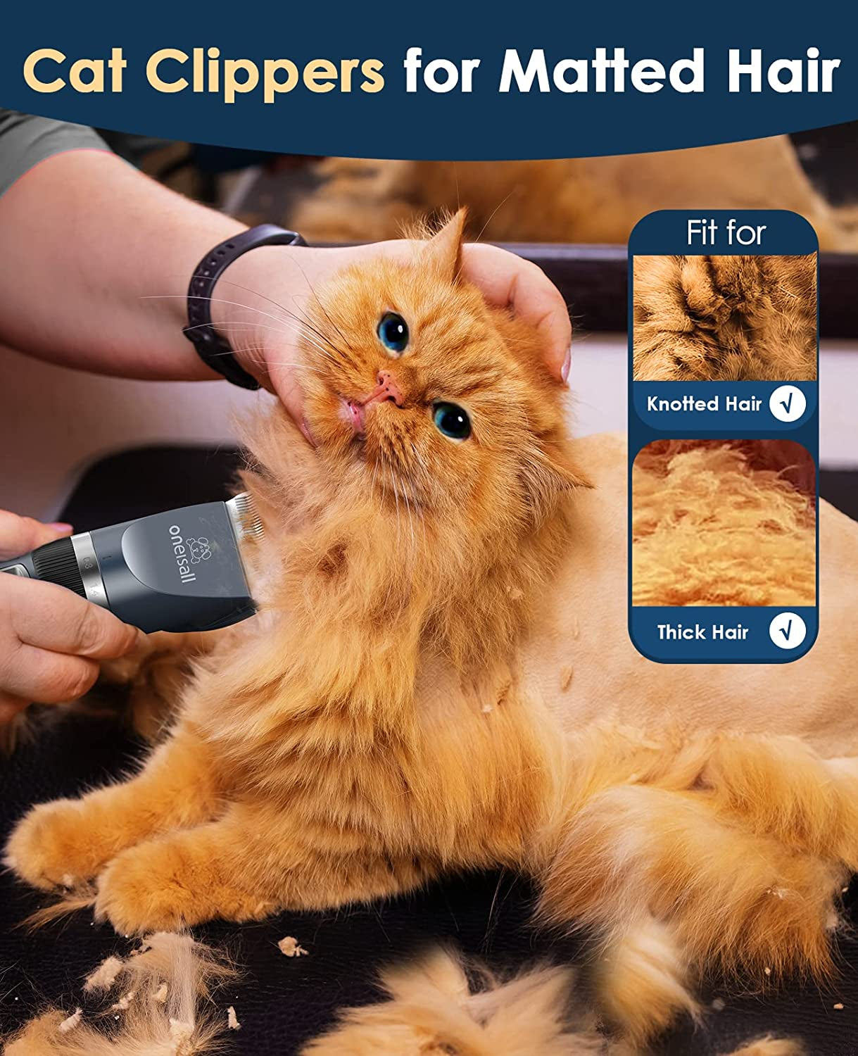 Quiet cat hair trimmer designed for matted and thick cat fur, featuring ergonomic grip and efficient cutting blades