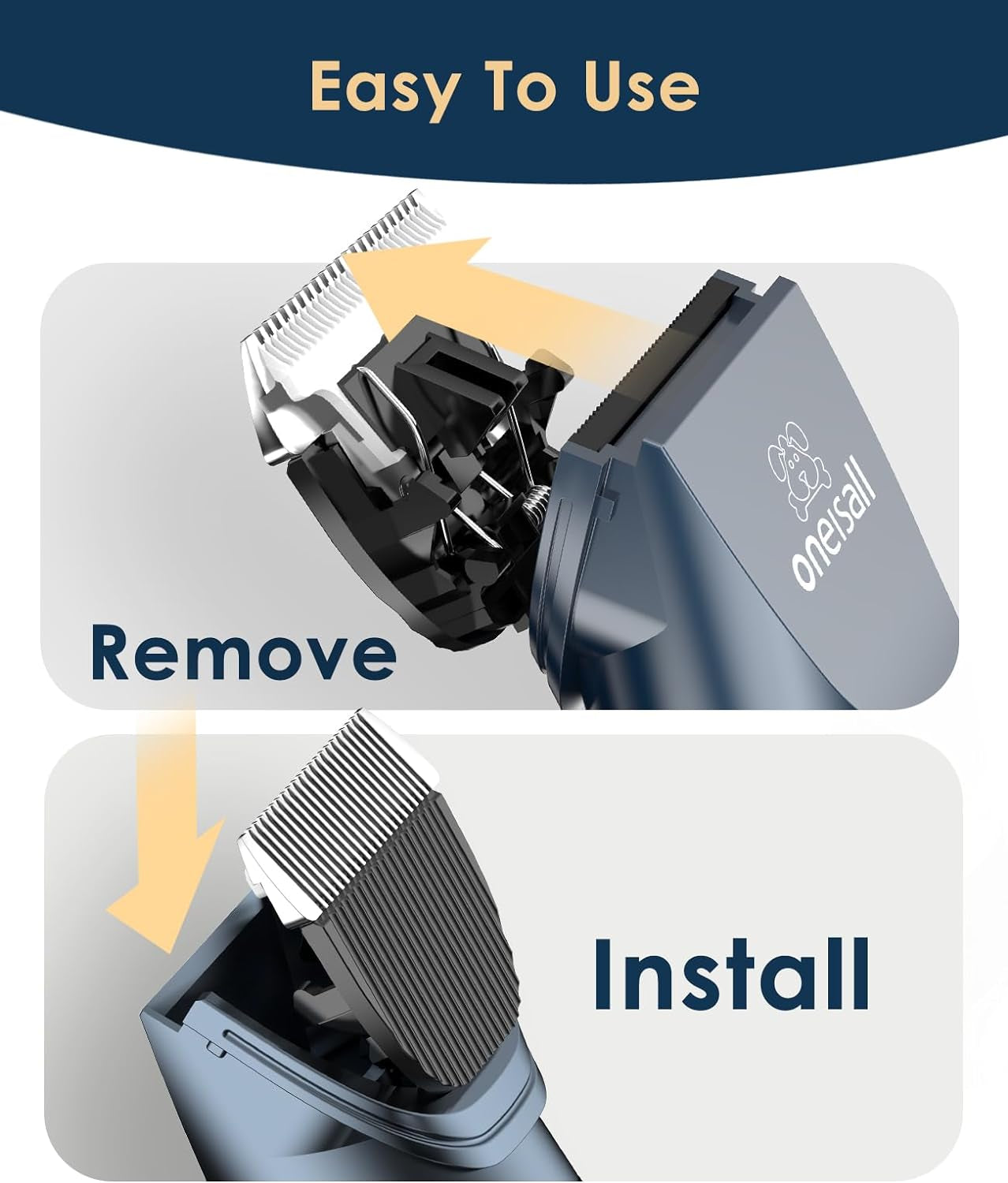 Easy to use quiet cat hair trimmer featuring removable and installable blades for convenient grooming