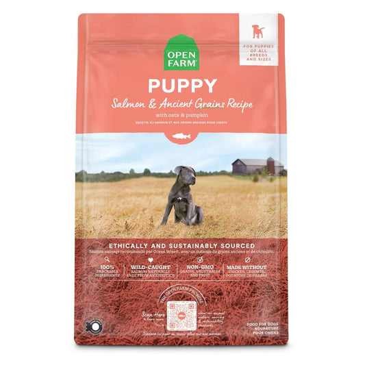 Open Farm Salmon & Ancient Grains Puppy Dry Dog Food (4lb) by The Family Pet, featuring a vibrant packaging design.