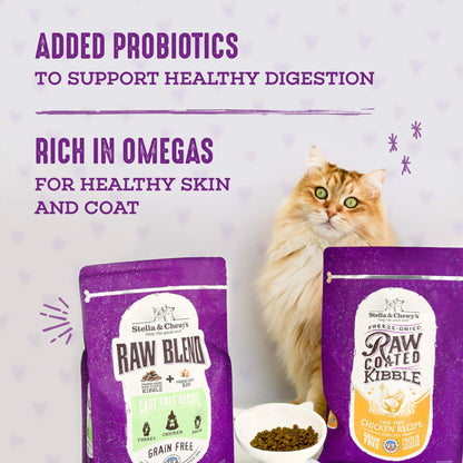 Purple Stella & Chewy's Raw Blend cat food bags with a ginger cat. Highlights added probiotics and omega benefits.