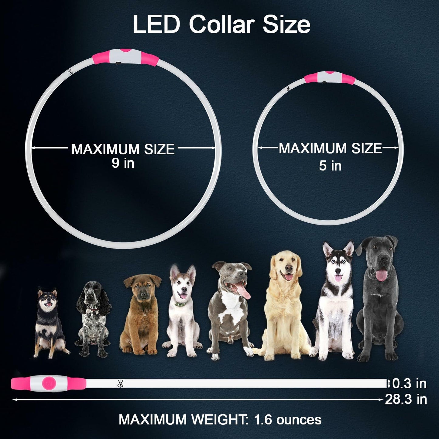 Flycoco LED Rechargeable Dog Collar Light Pink USB Adjustable Safety