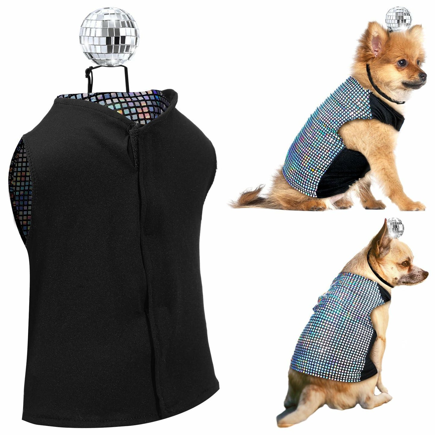 Huhumy Dog Costume Set M Disco Sequins Shirt & Disco Ball Headband