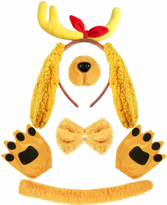 PAJXNJC Deer Antler Headband Set Dog Ears Nose Bow Tie Tail Gloves Yellow