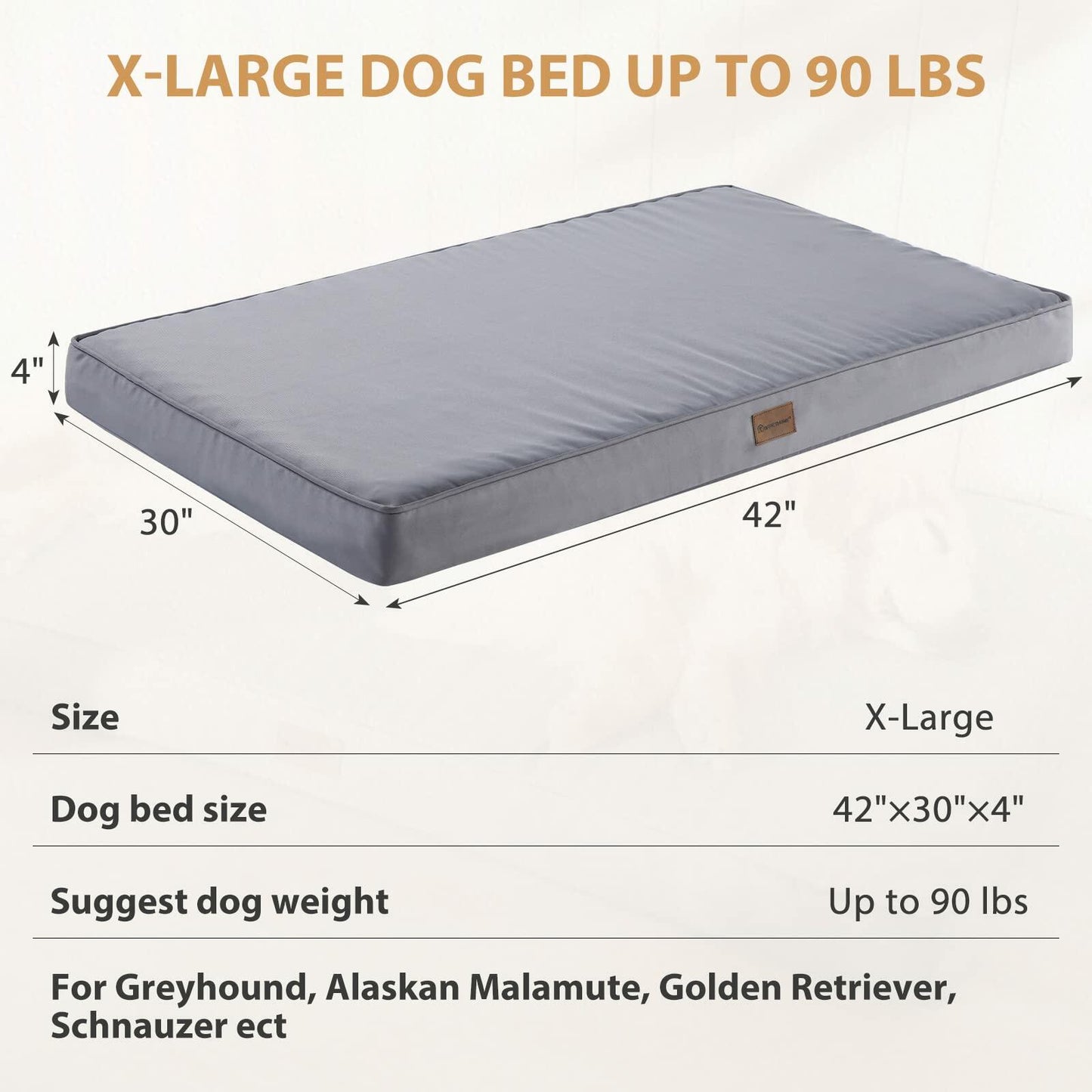 BFPETHOME Orthopedic Waterproof Dog Bed Grey 42x30in Large