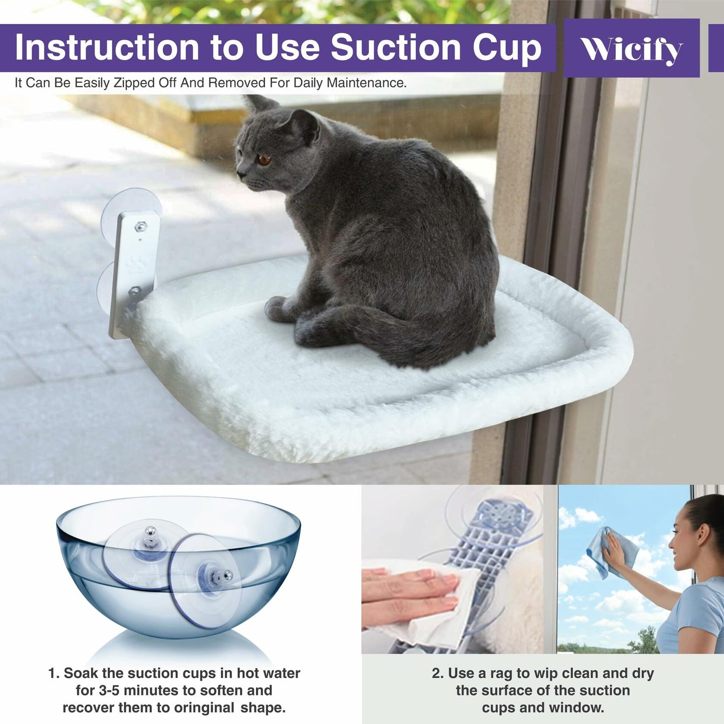 Wicify Foldable Cat Window Perch Cordless Hammock 4 Suction Cups Metal Frame