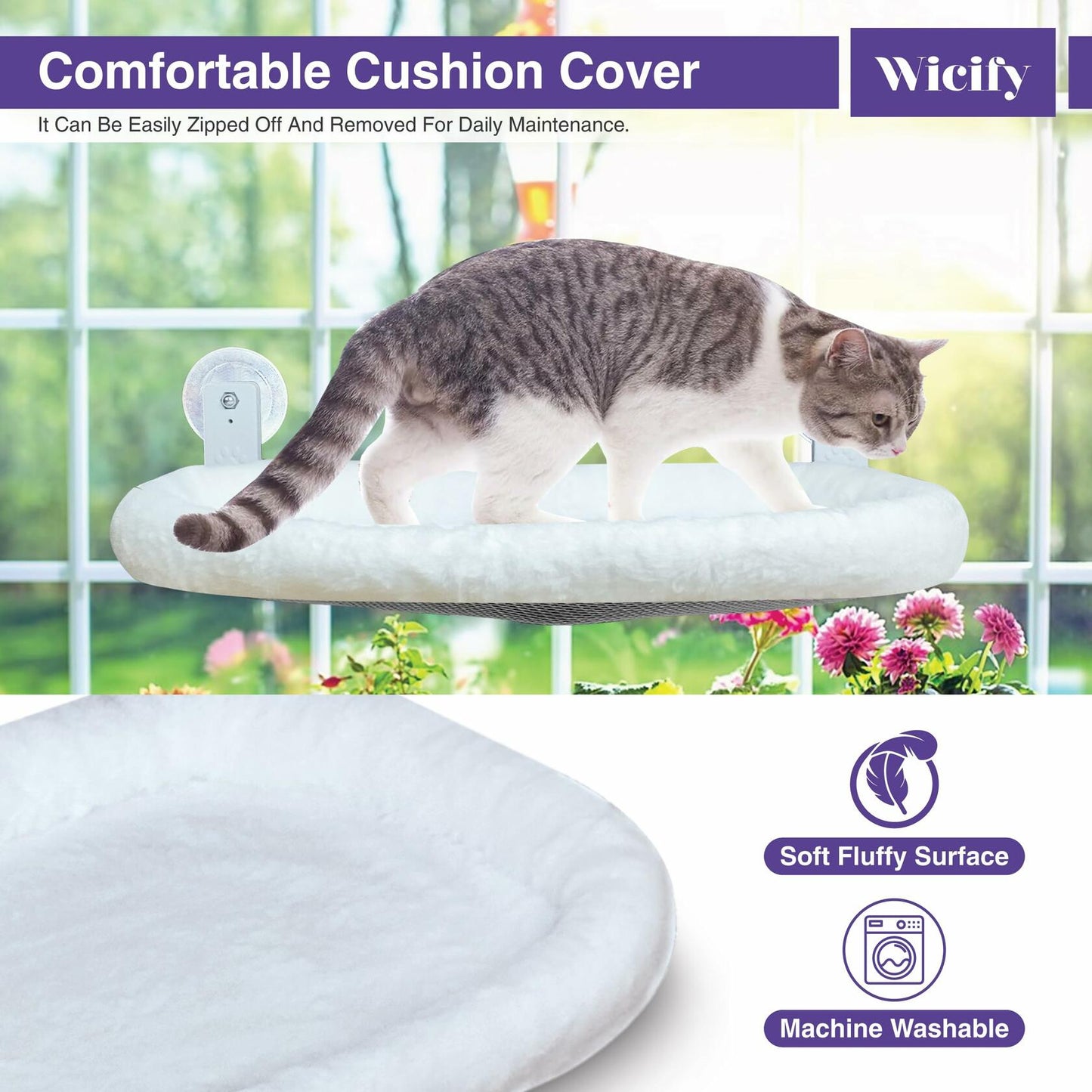 Wicify Foldable Cat Window Perch Cordless Hammock 4 Suction Cups Metal Frame