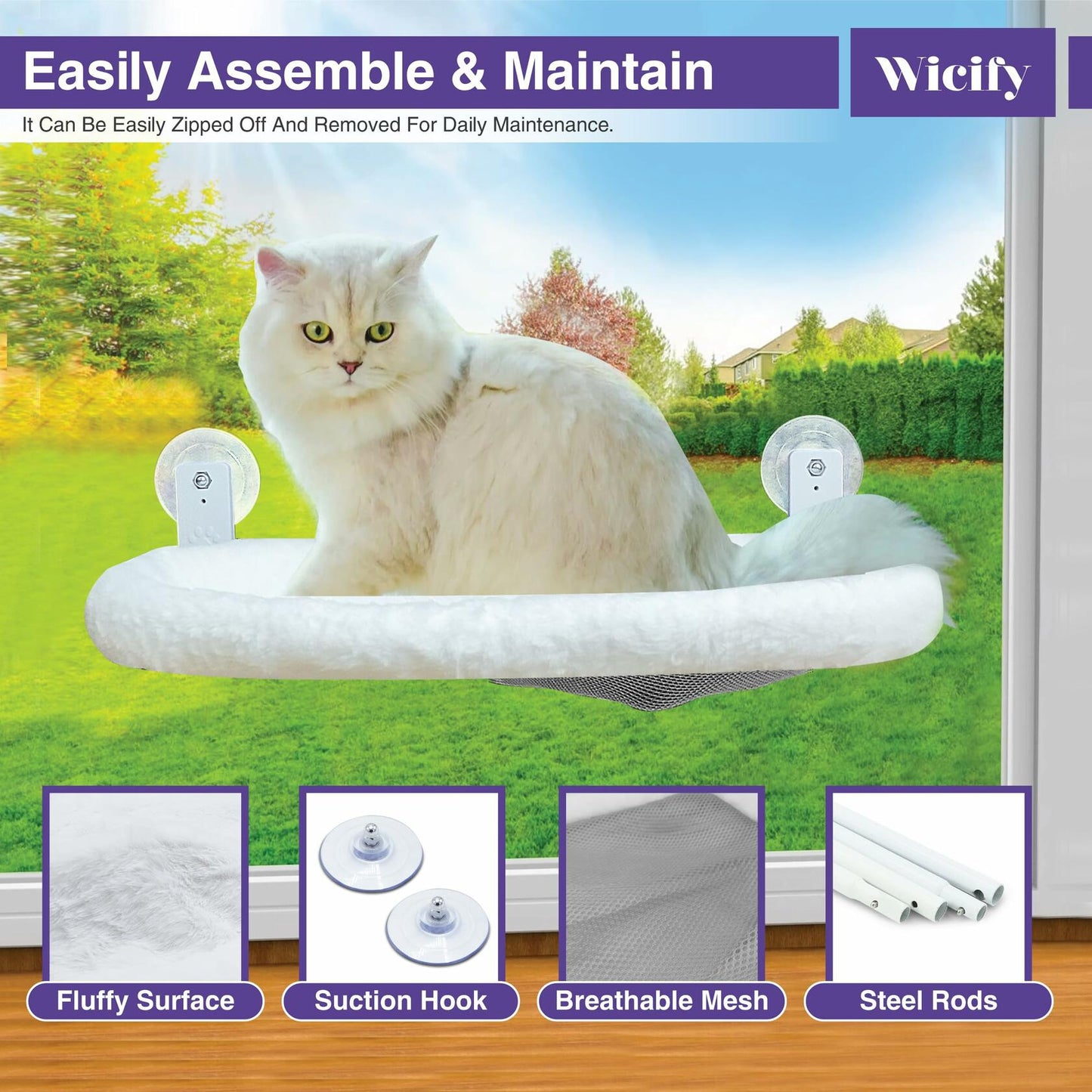 Wicify Foldable Cat Window Perch Cordless Hammock 4 Suction Cups Metal Frame