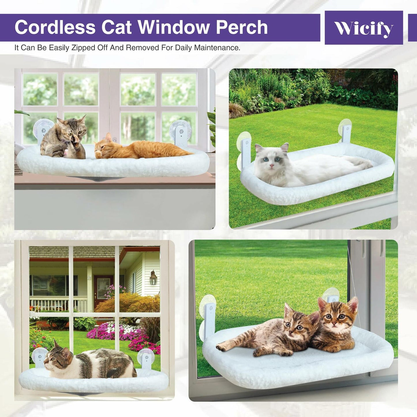 Wicify Foldable Cat Window Perch Cordless Hammock 4 Suction Cups Metal Frame