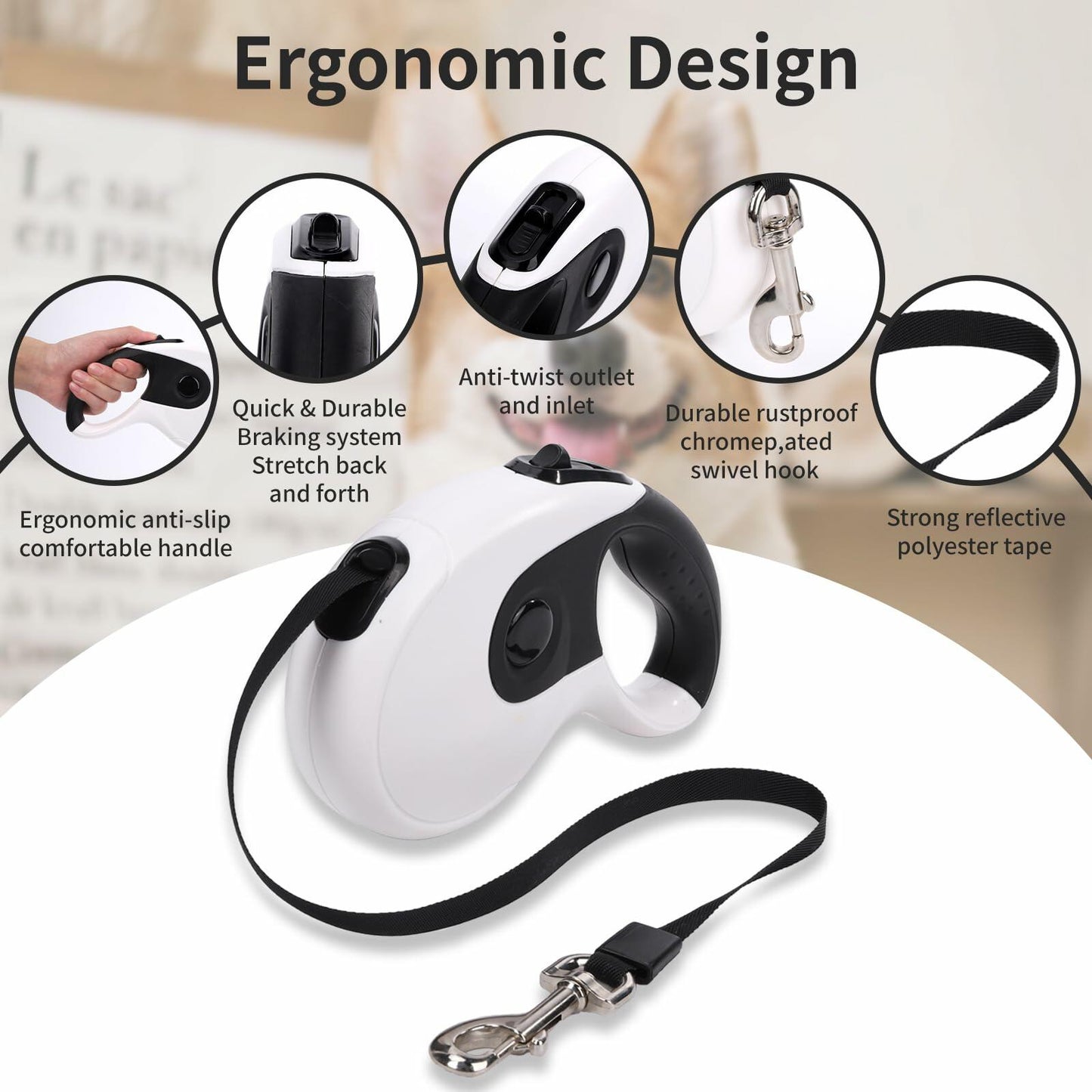 Retractable Dog Leash 16ft Heavy Duty Reflective Nylon Tape White Grip