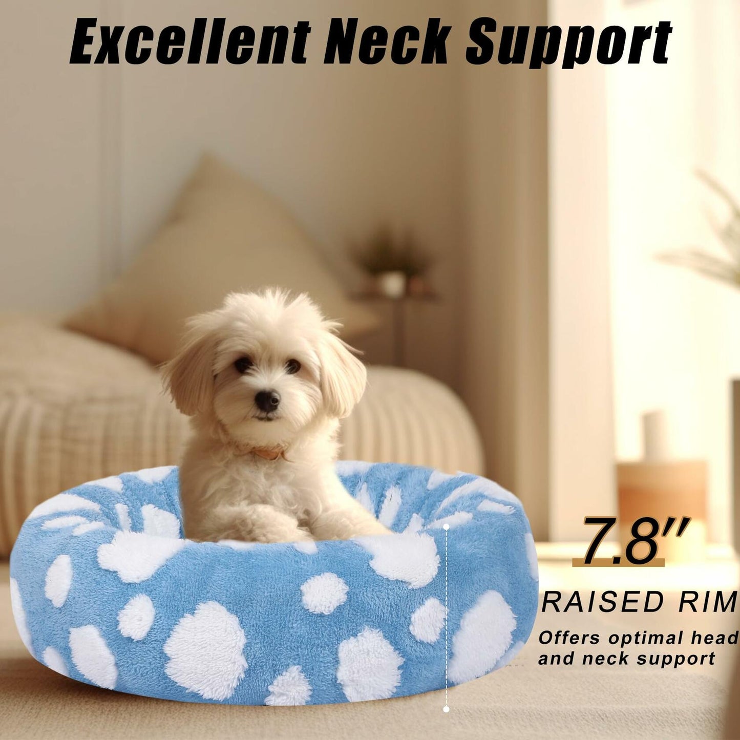 Calming Donut Dog & Cat Bed Small Fluffy Round Washable Gray Non-Slip