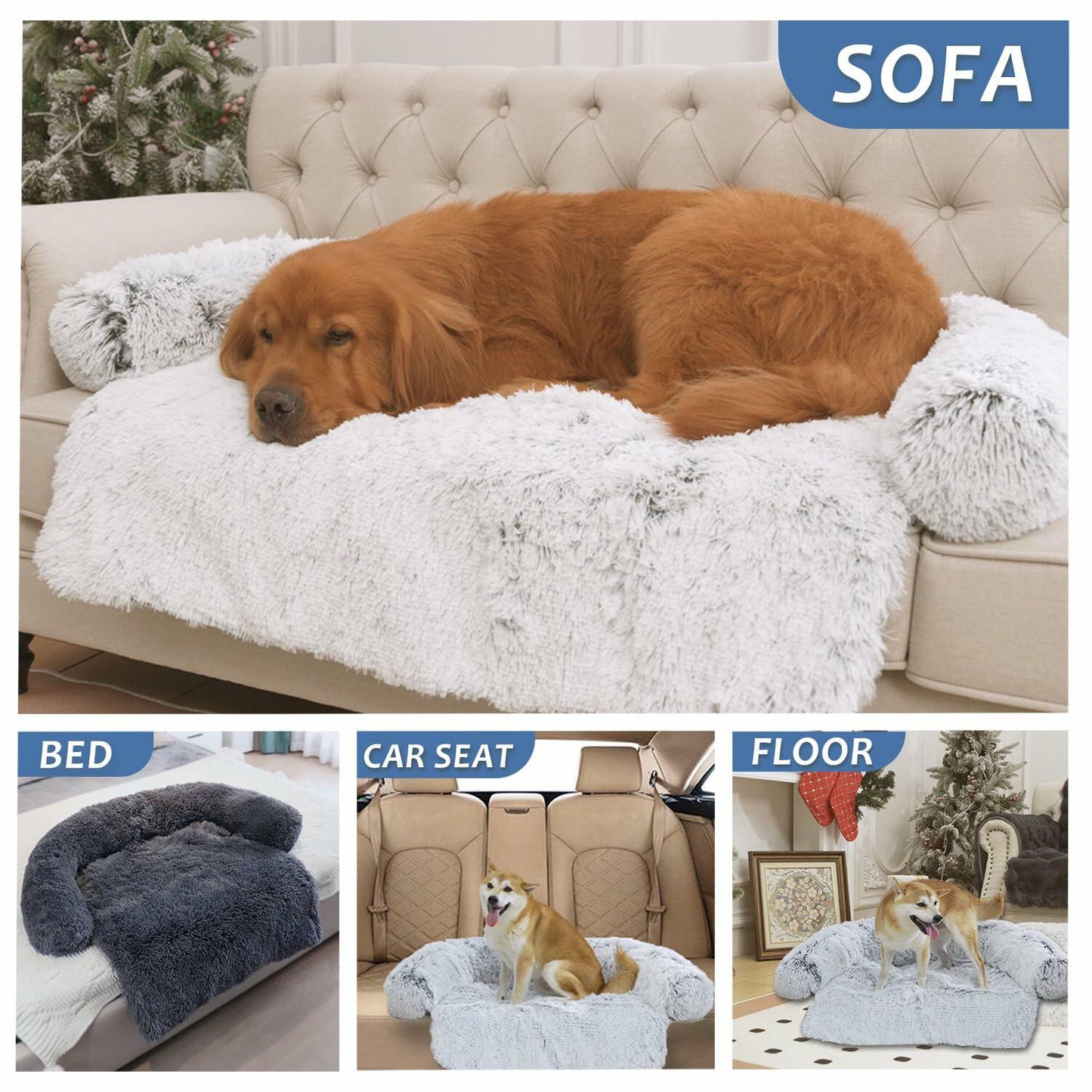 Dog Bed Calming Dog Cat Bed Mat Waterproof Plush Navy Blue Size 41x37