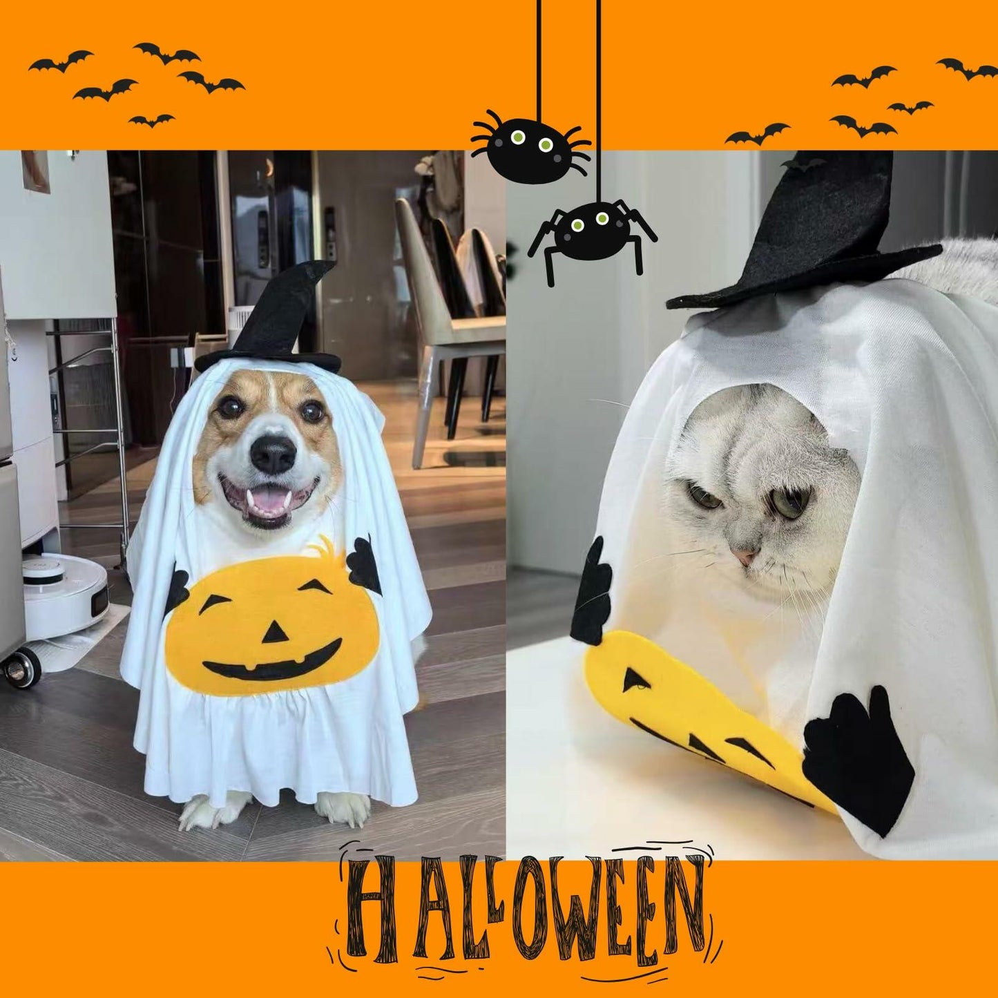 Dog Cat Halloween Pumpkin Ghost Costume Funny Cute Pet Outfit