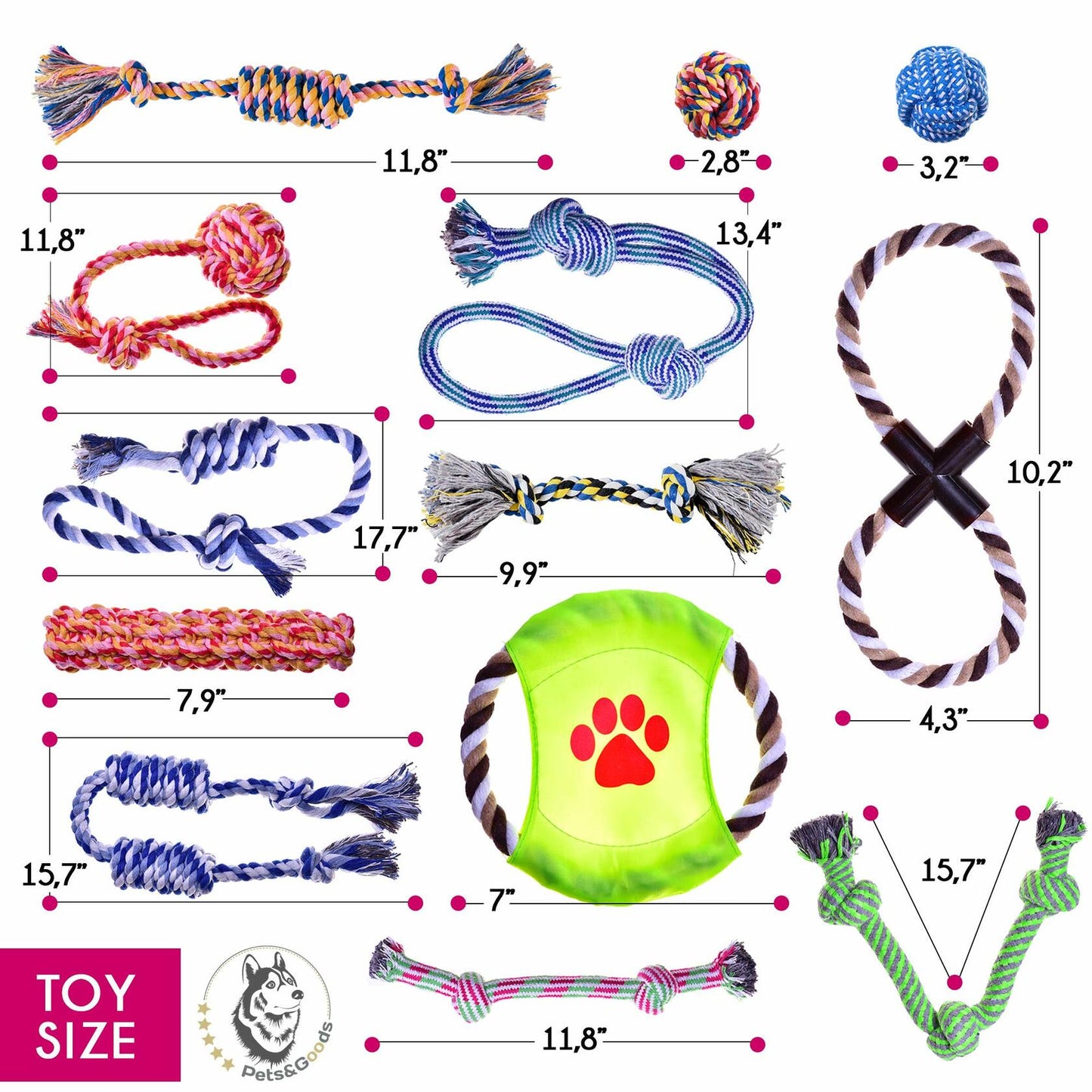 PetsGoods Rope Dog Toys 13-Pack Durable Cotton Chew Tug Toys