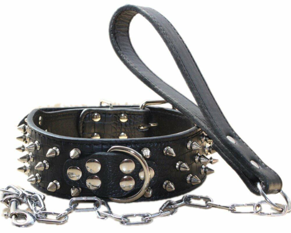 Purrfect Pet Kingdom haoyueer Leather Spiked Studded Dog Collar & Chain Leash Set (Default Title) - Premium Collars