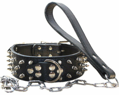 Purrfect Pet Kingdom haoyueer Leather Spiked Studded Dog Collar & Chain Leash Set (Default Title) - Premium Collars