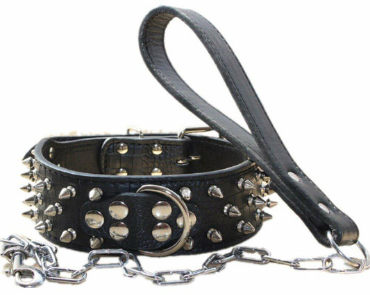 Purrfect Pet Kingdom haoyueer Leather Spiked Studded Dog Collar & Chain Leash Set (Default Title) - Premium Collars