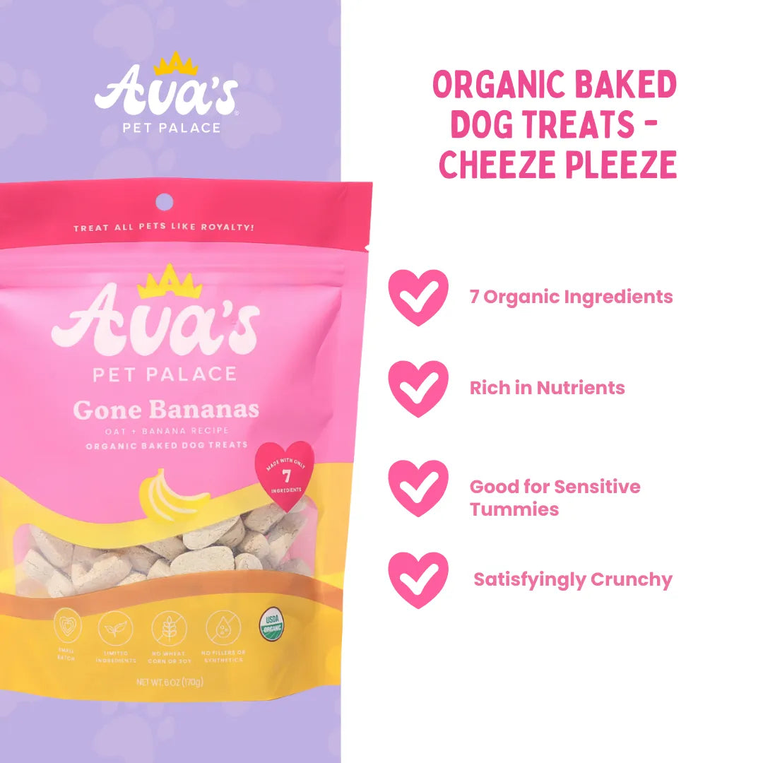Organic Baked Dog Treats - Gone Bananas by Ava's Pet Palace, 8.99, featuring a vibrant yellow packaging with playful banan...