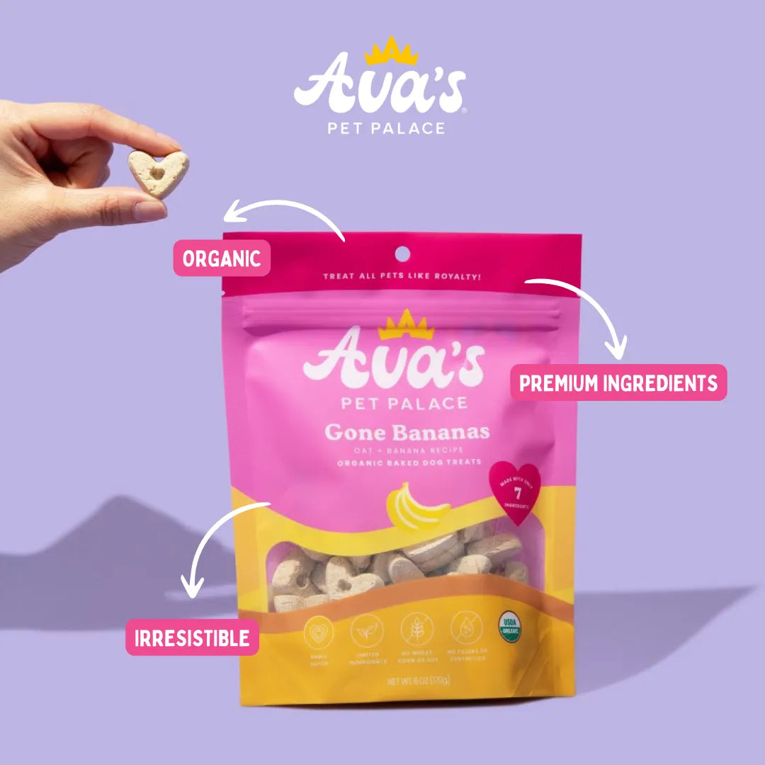 Organic Baked Dog Treats - Gone Bananas by Ava's Pet Palace, 8.99, featuring a vibrant yellow packaging, perfect for dogs.