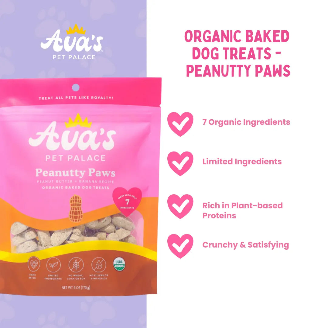 Organic Baked Dog Treats - Peanutty Paws by Ava's Pet Palace, 8.99, featuring a brown, crunchy texture perfect for dogs.