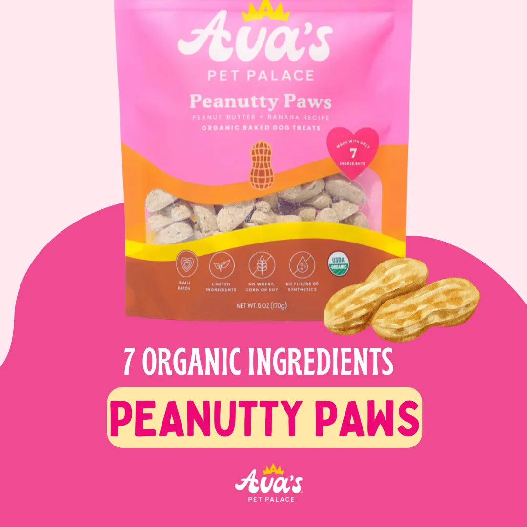 Organic Baked Dog Treats - Peanutty Paws by Ava's Pet Palace, 8.99, featuring brown, crunchy treats for happy dogs.