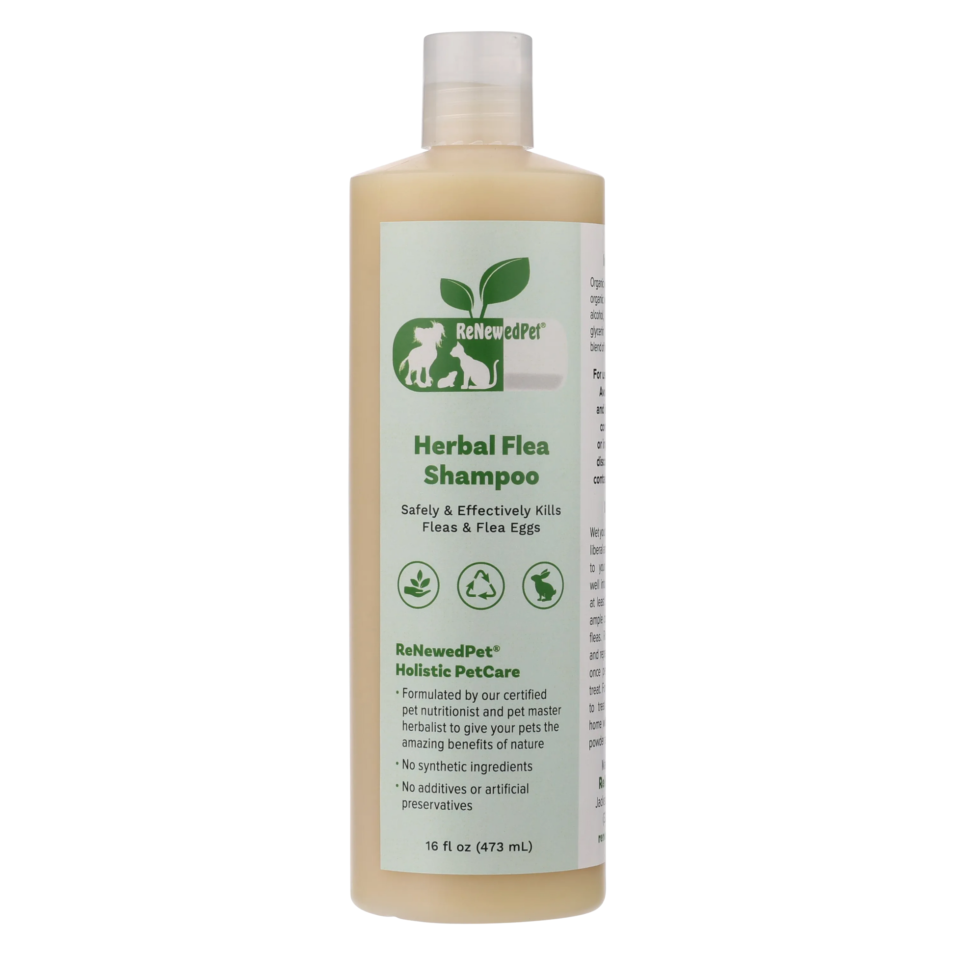 Organic Herbal Flea Shampoo for Dogs and Cats 16oz by ReNewedPet, featuring a green label and natural ingredients for effe...