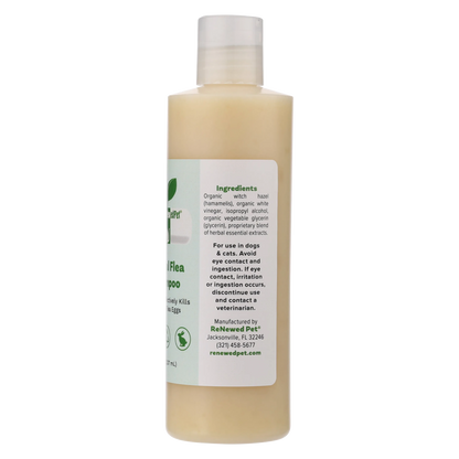 Organic Herbal Flea Shampoo for Dogs and Cats 16oz by ReNewedPet, featuring a green label and natural ingredients for effe...