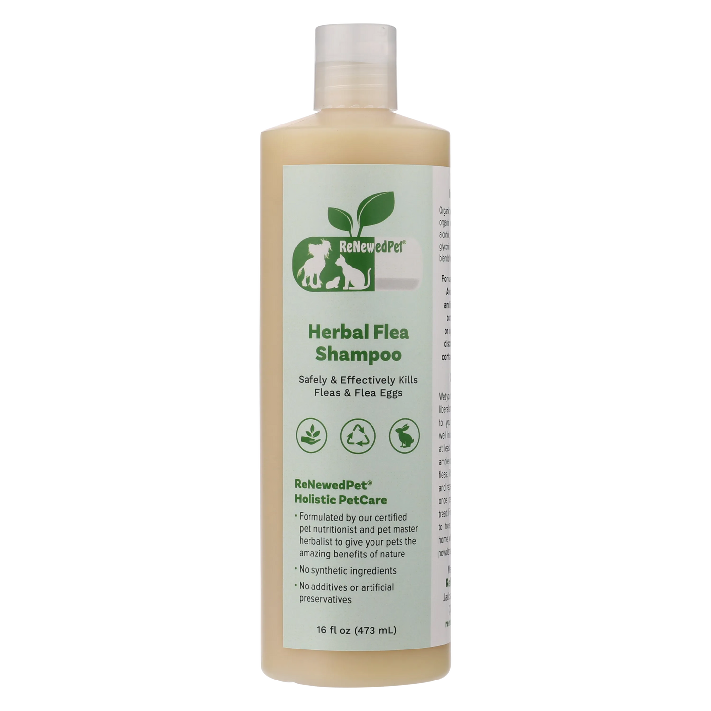 Organic Herbal Flea Shampoo for Dogs and Cats 16oz by ReNewedPet, featuring a green label and natural ingredients for effe...