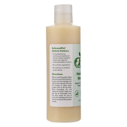 Organic Herbal Flea Shampoo for Dogs and Cats 16oz by ReNewedPet, featuring a green label and natural ingredients for effe...